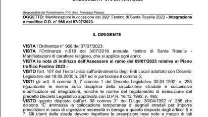 Mobilità – Emessa nuova ordinanza in occasione del 399° Festino di Santa Rosalia